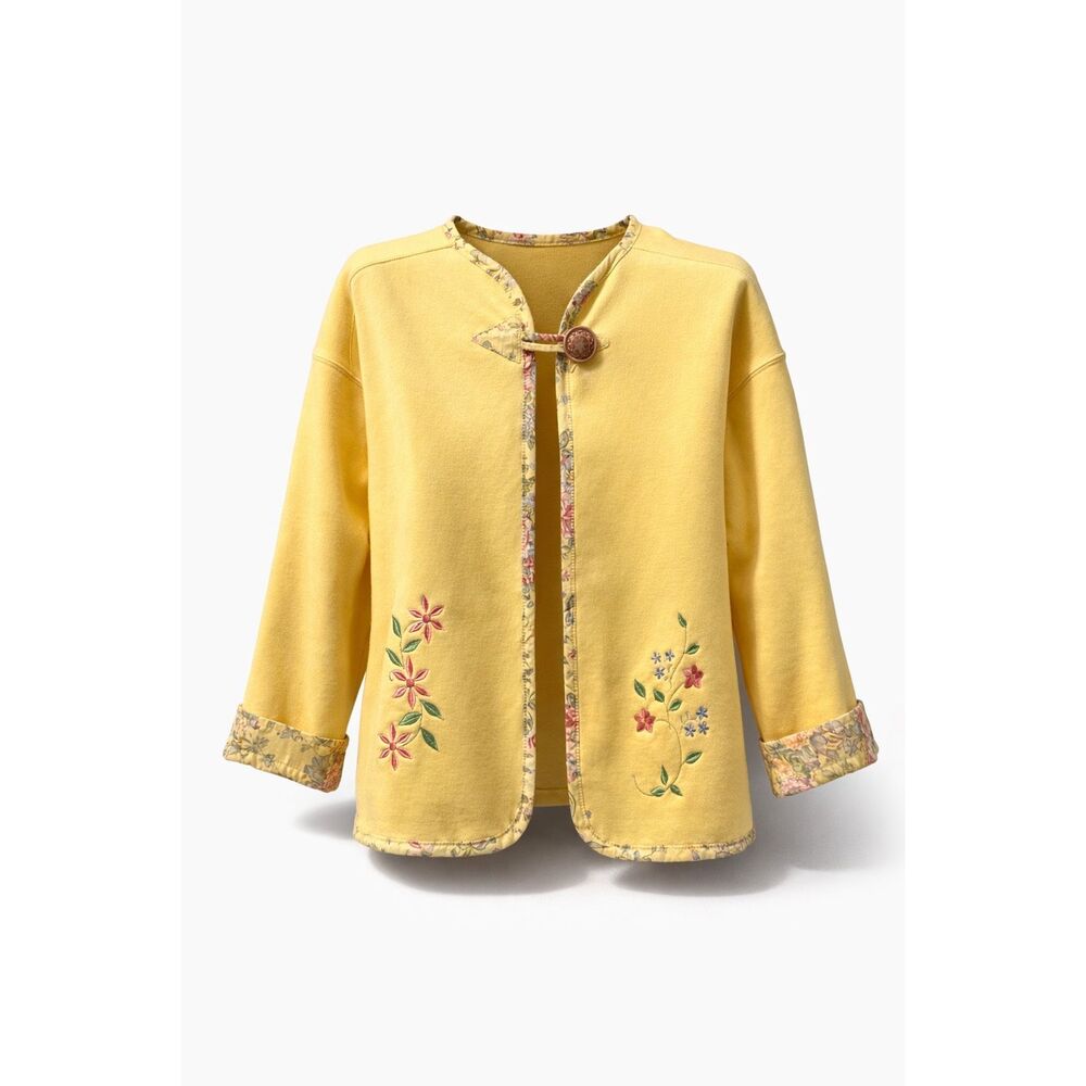 Authentic Pigment Yellow Boho Embroidered Open Front Jacket | Cottagecore | Size